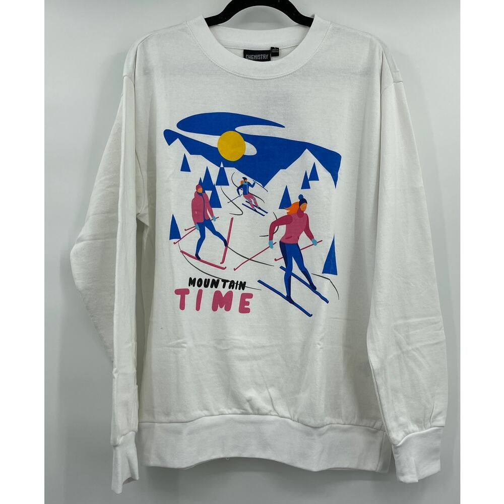 Chemistry Womens Mountain Time White Sweatshirt Long Sleeves Crew Neck Large NEW